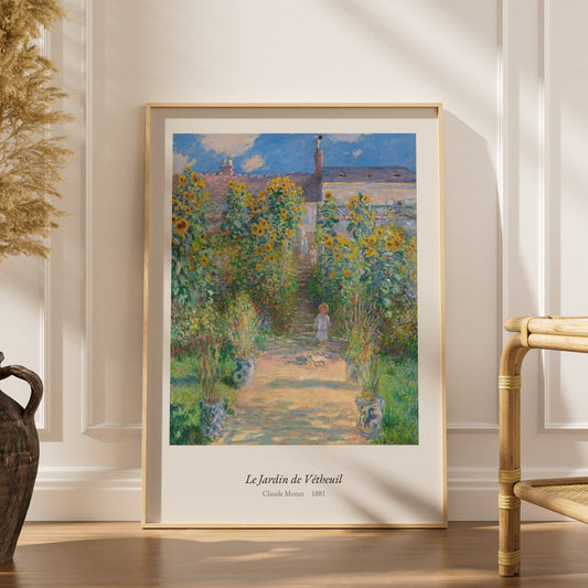 Le Jardin de Vétheuil, Claude Monet, affiche encadrée dans un intérieur élégant, herbes séchées et chaise en rotin