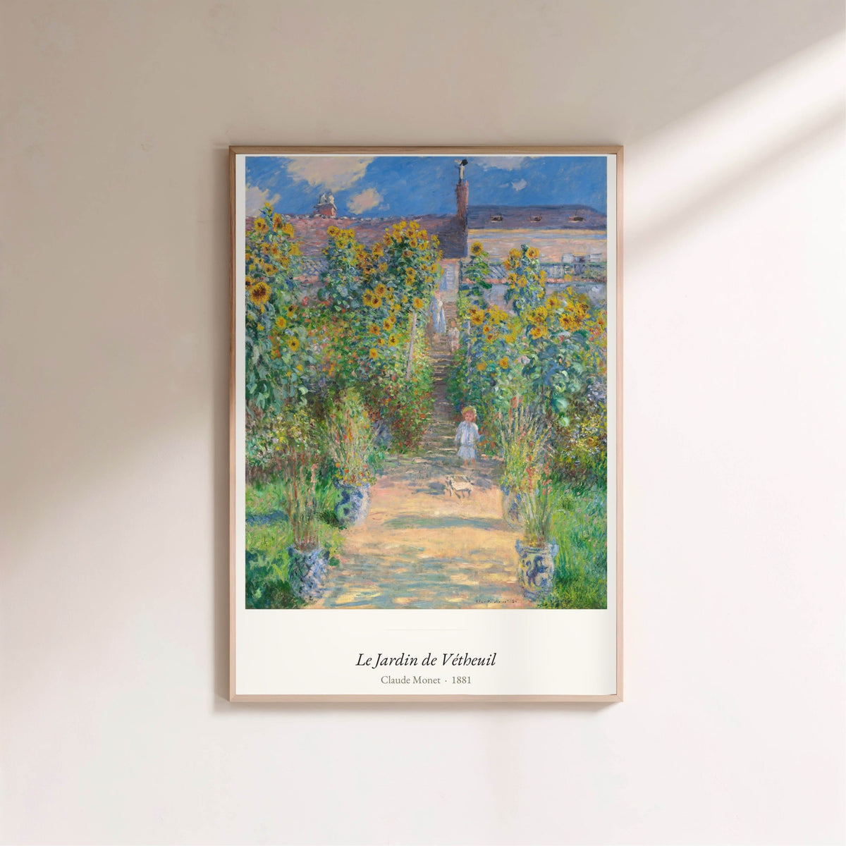 Le Jardin de Vétheuil, Claude Monet, affiche encadrée sur un mur clair