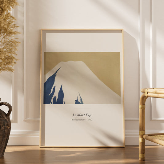 Le Mont Fuji, École japonaise | Affiche Art Premium, affiche encadrée dans un intérieur élégant, herbes séchées et chaise en 