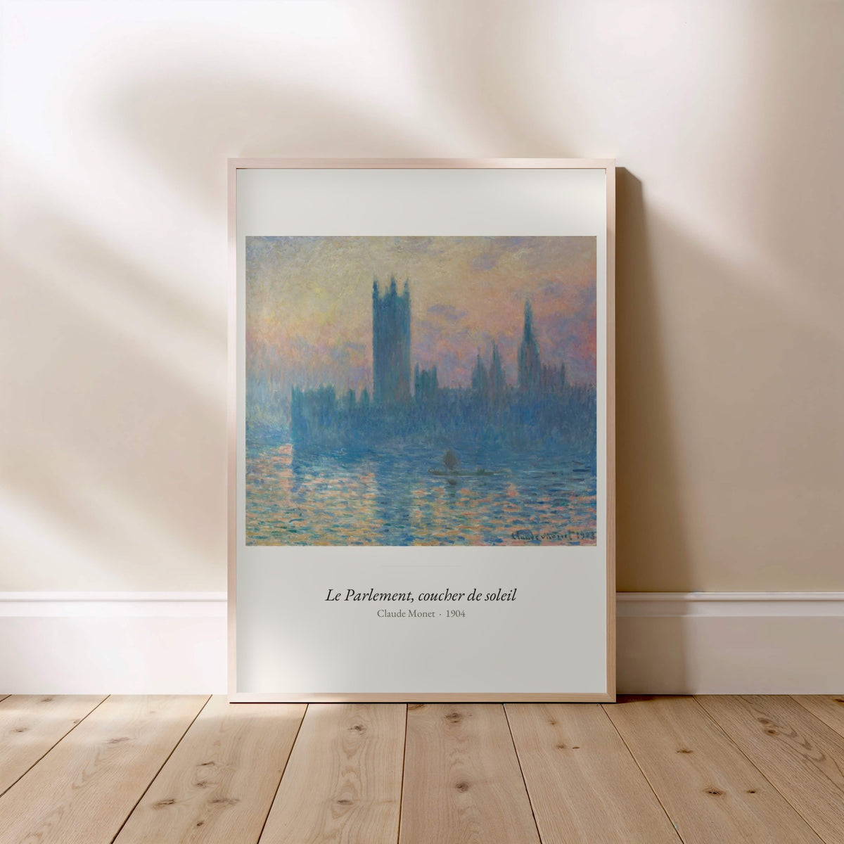 Le Parlement, coucher de soleil, Monet, affiche encadrée posée au sol, cadre bois clair