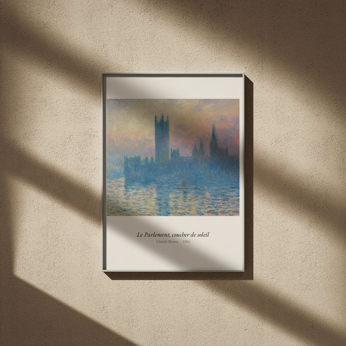 Le Parlement, coucher de soleil, Monet, affiche encadrée sur un mur beige, ombres de fenêtre