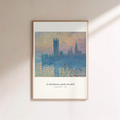 Le Parlement, coucher de soleil, Monet, affiche encadrée sur un mur clair
