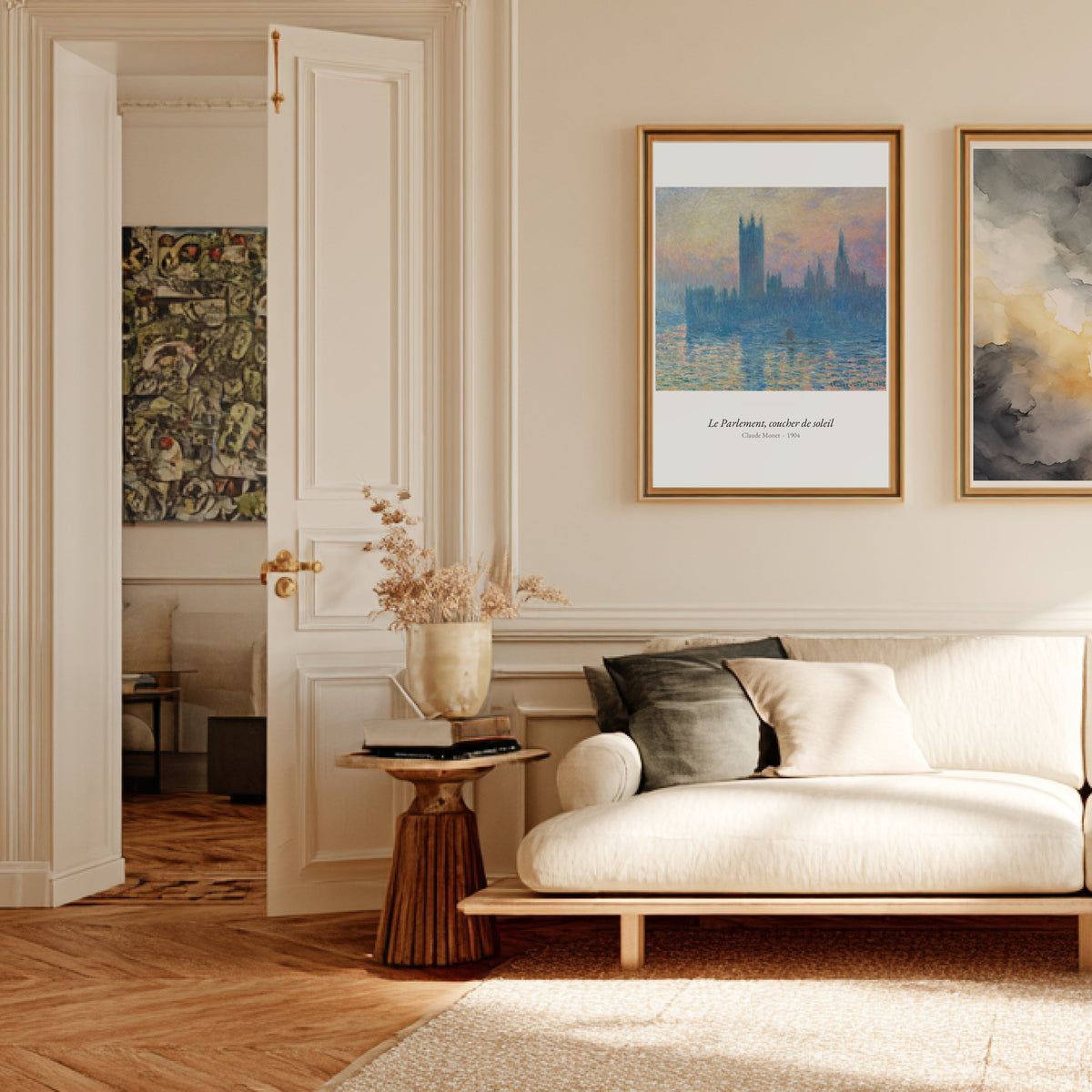 Le Parlement, coucher de soleil, Monet, affiche encadrée dans un salon haussmannien