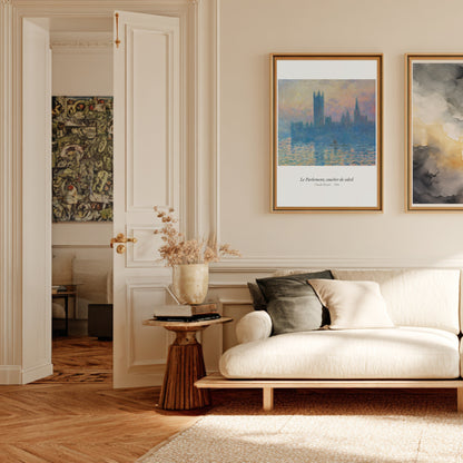 Le Parlement, coucher de soleil, Monet, affiche encadrée dans un salon haussmannien