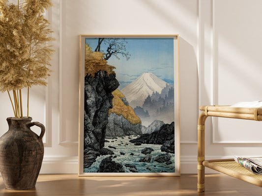 Le Pied du Mont Ashitaka - Hiroaki Takahashi - Estampe Japonaise, affiche encadrée dans un intérieur élégant, cadre bois clai