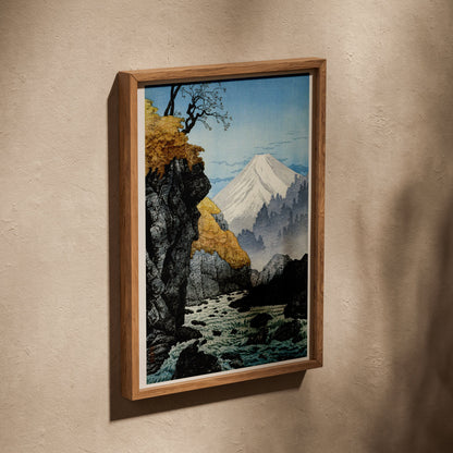 Mount Ashitaka - Hiroaki Takahashi Woodblock Print, poster in an oak frame leaning on a textured wall
