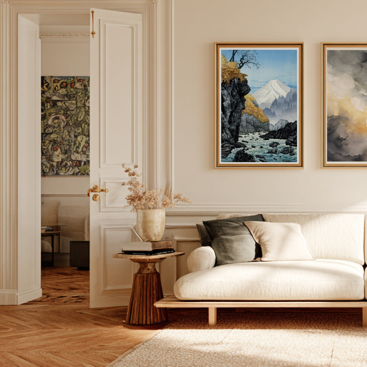 Mount Ashitaka - Hiroaki Takahashi Woodblock Print, framed poster in a Parisian Haussmann living room