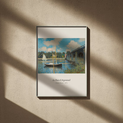 Le Pont d'Argenteuil, Claude Monet, affiche encadrée sur un mur beige, ombres de fenêtre