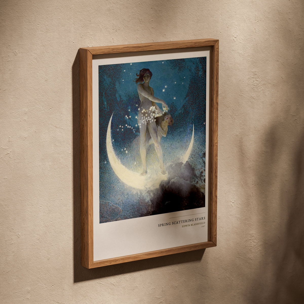 Le Printemps semant les Etoiles - Edwin Blashfield, affiche dans un cadre en chêne posé de biais sur un mur texturé