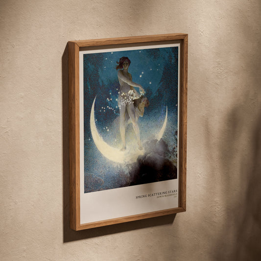 Le Printemps semant les Etoiles - Edwin Blashfield, affiche dans un cadre en chêne posé de biais sur un mur texturé