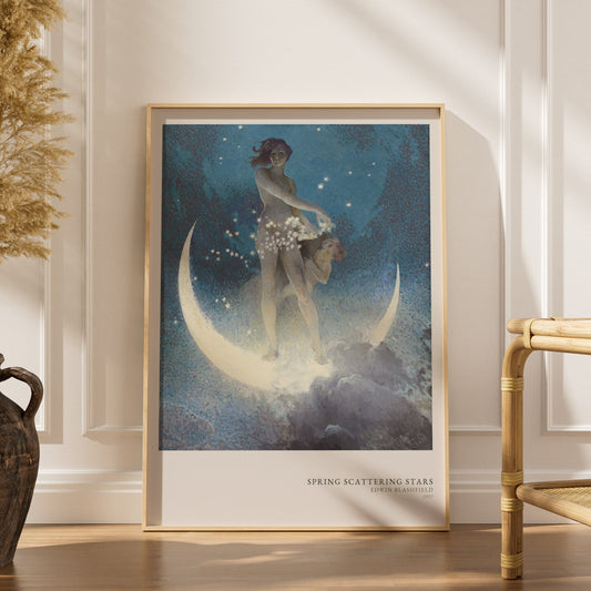 Le Printemps semant les Etoiles - Edwin Blashfield, affiche encadrée dans un intérieur élégant, herbes séchées et chaise en r