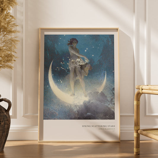 Le Printemps semant les Etoiles - Edwin Blashfield, affiche encadrée dans un intérieur élégant, herbes séchées et chaise en r