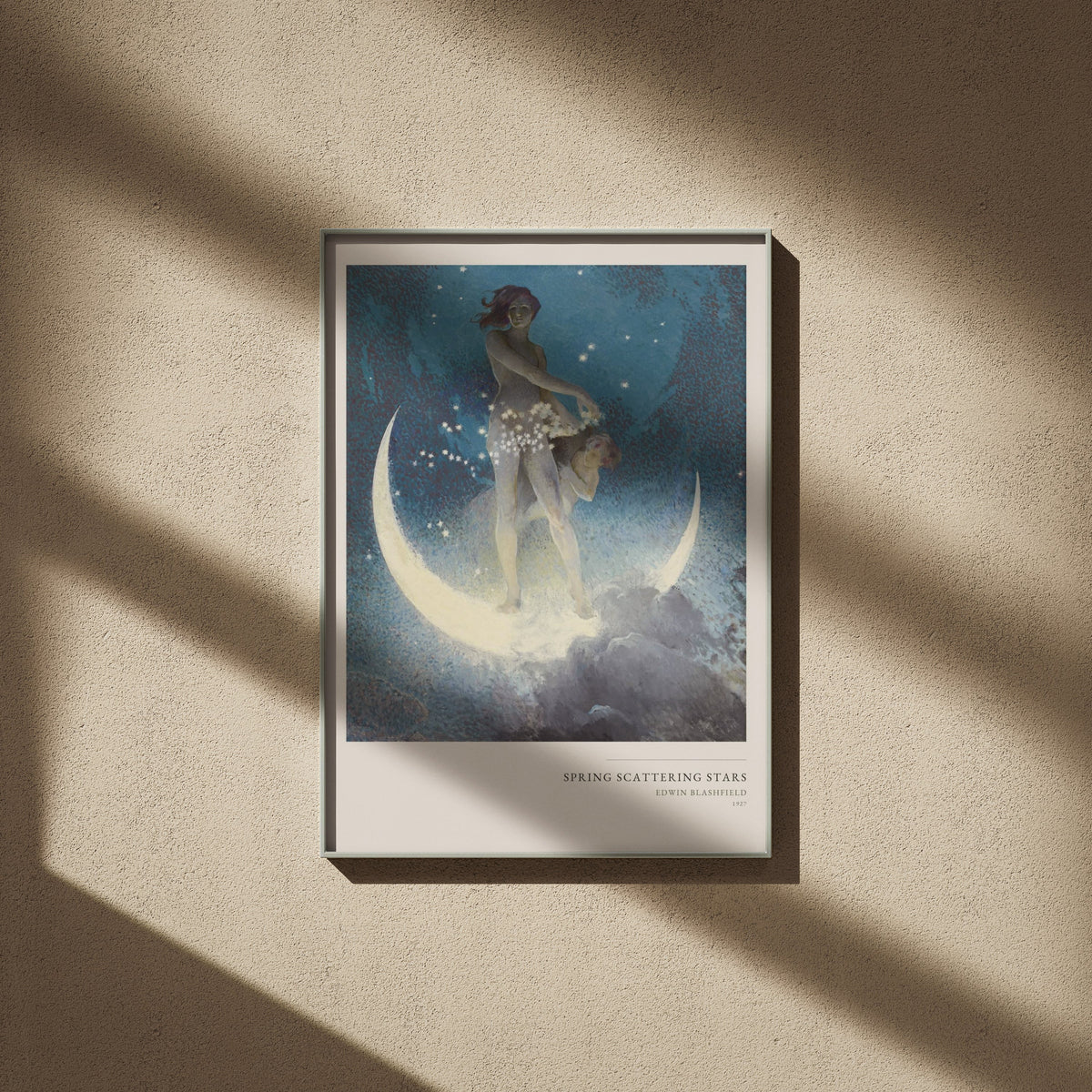 Le Printemps semant les Etoiles - Edwin Blashfield, affiche encadrée sur un mur beige, ombres de fenêtre