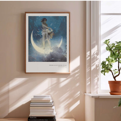 Le Printemps semant les Etoiles - Edwin Blashfield, affiche encadrée au-dessus d'une pile de livres