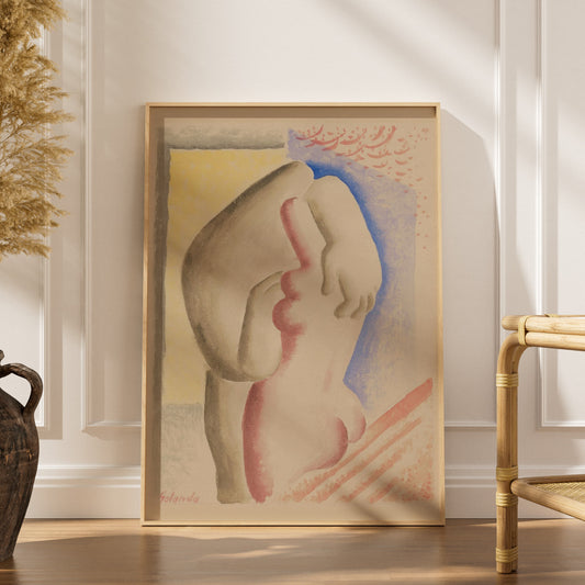 Les Amoureux - Mikuláš Galanda, affiche encadrée dans un intérieur élégant, herbes séchées et chaise en rotin