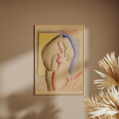 Les Amoureux - Mikuláš Galanda, affiche encadrée sur un mur beige, pampas au premier plan