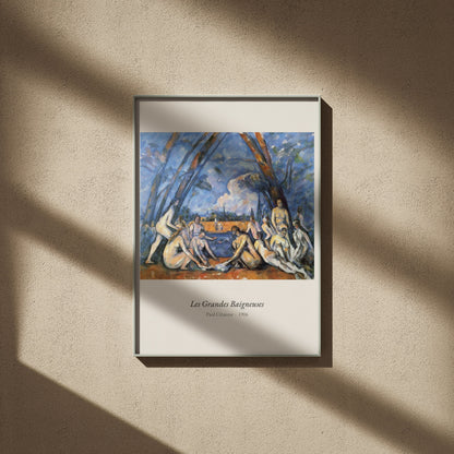 Les Grandes Baigneuses, Paul Cézanne, affiche encadrée sur un mur beige, ombres de fenêtre