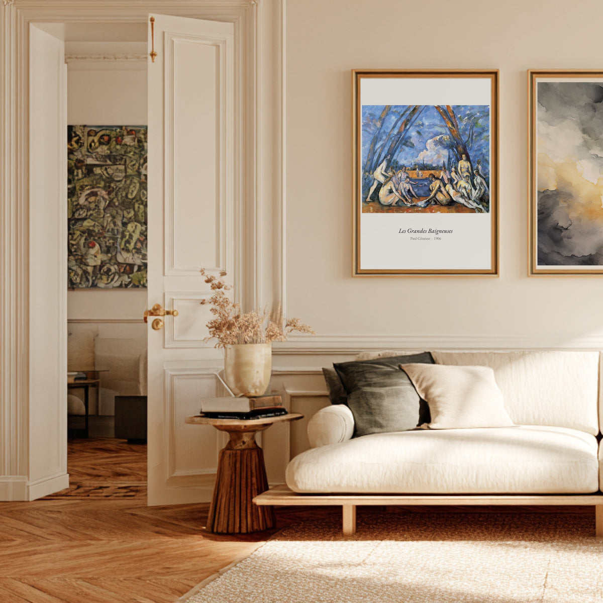 Les Grandes Baigneuses, Paul Cézanne, affiche encadrée dans un salon haussmannien