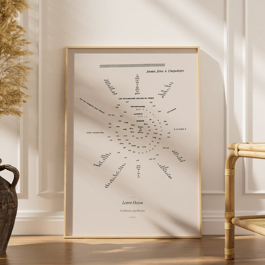 Lettre-Océan - Apollinaire - Affiche Calligramme Soleil, affiche encadrée dans un intérieur élégant, herbes séchées et chaise