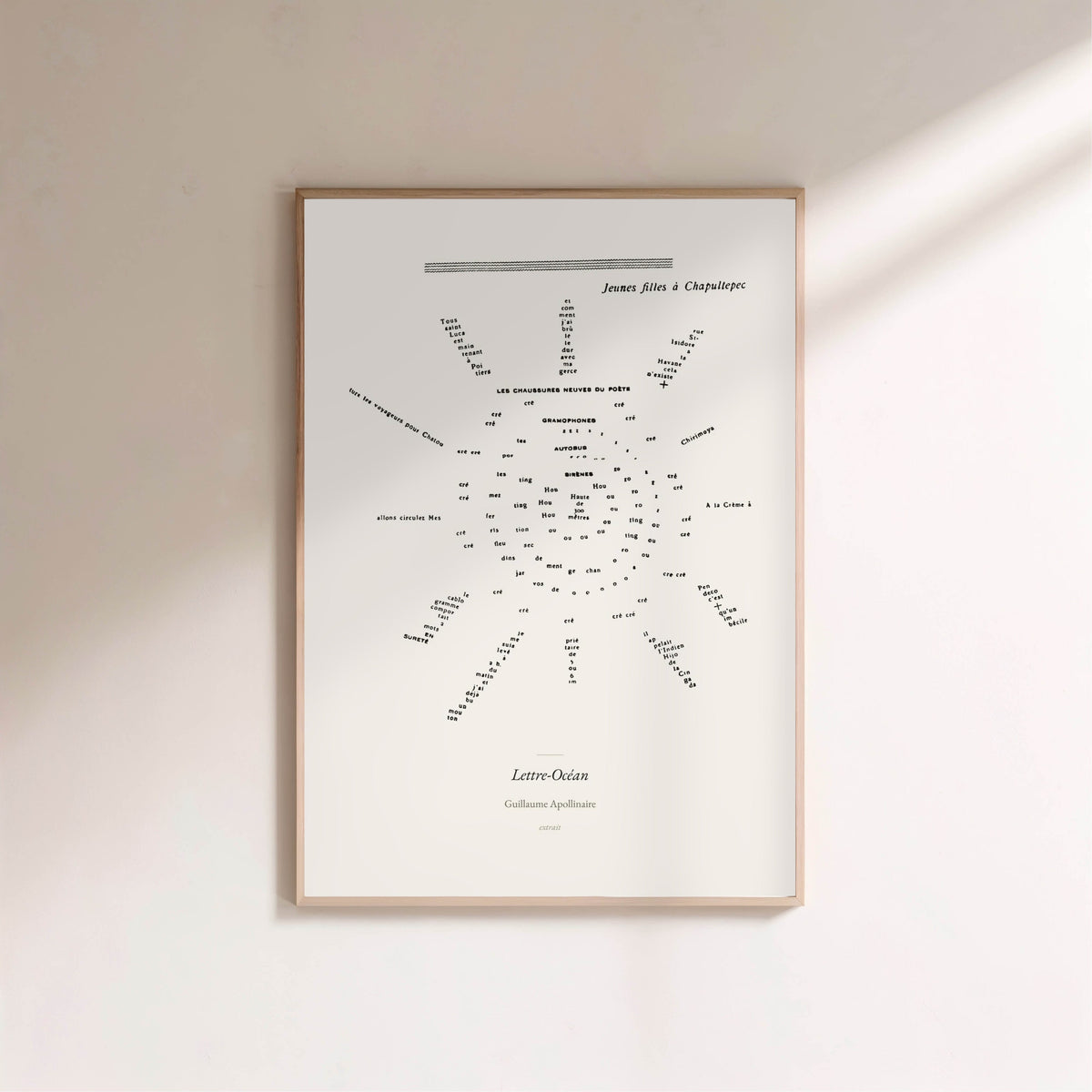 Lettre-Océan - Apollinaire - Affiche Calligramme Soleil, affiche encadrée sur un mur clair