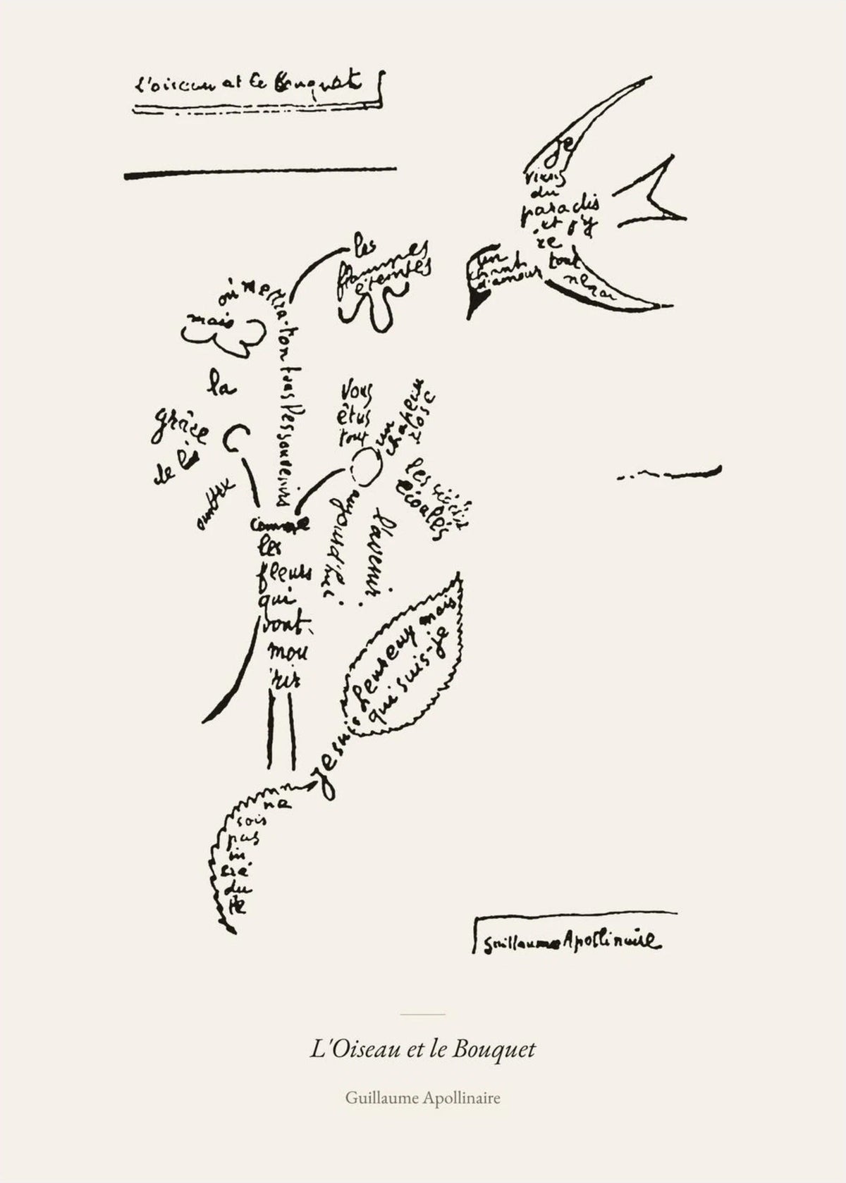 L'Oiseau et le Bouquet - Apollinaire - Affiche Calligramme, l'affiche seule, papier épais mat éco-responsable