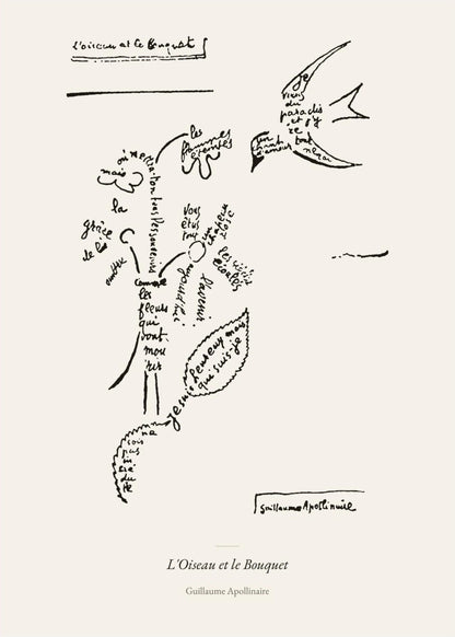 L'Oiseau et le Bouquet - Apollinaire - Affiche Calligramme, l'affiche seule, papier épais mat éco-responsable