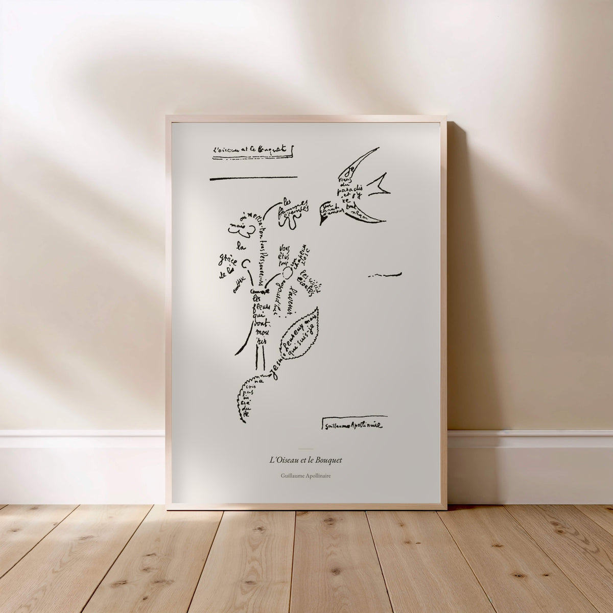 L'Oiseau et le Bouquet - Apollinaire - Affiche Calligramme, affiche encadrée posée au sol, cadre bois clair