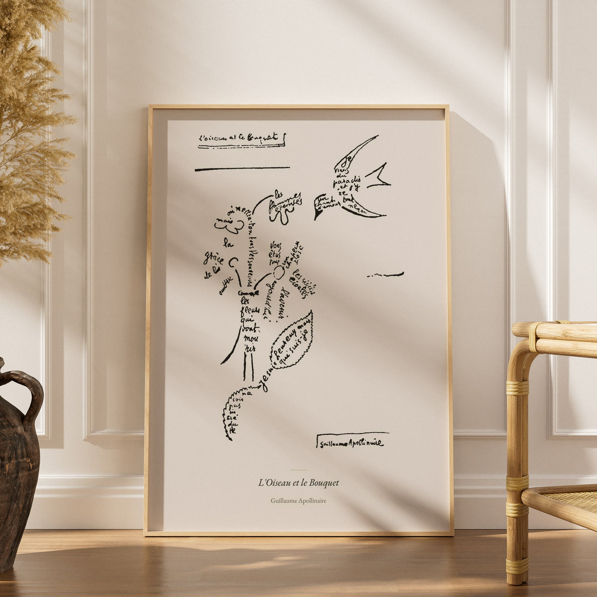 L'Oiseau et le Bouquet - Apollinaire - Affiche Calligramme, affiche encadrée dans un intérieur élégant, herbes séchées et cha