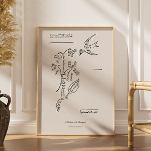 The Bird and the Bouquet - Apollinaire - Calligram Poster, framed poster in an elegant interior, dried grasses and a rattan c