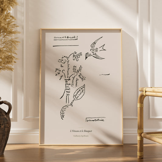 L'Oiseau et le Bouquet - Apollinaire - Affiche Calligramme, affiche encadrée dans un intérieur élégant, herbes séchées et cha