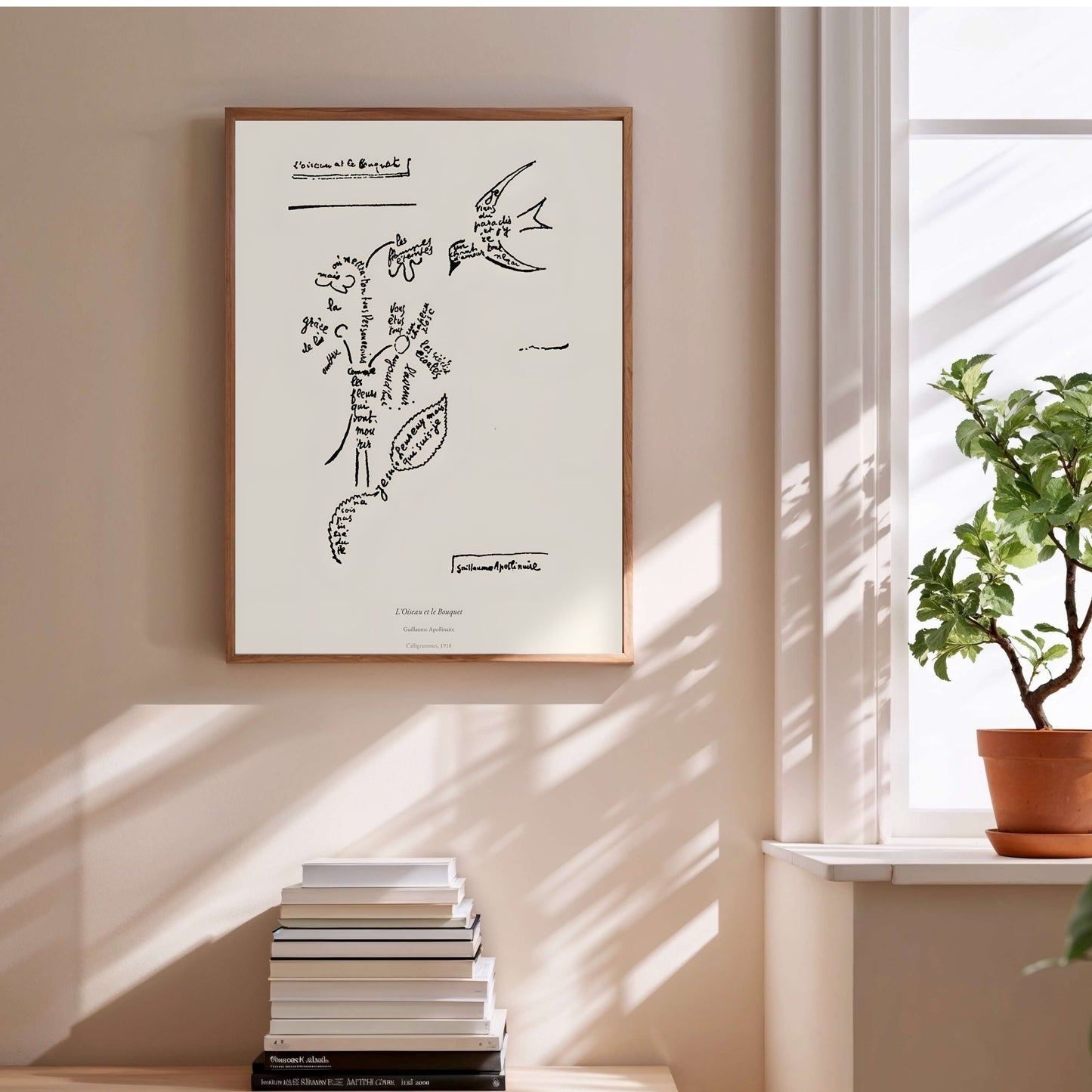 L'Oiseau et le Bouquet, Guillaume Apollinaire | Calligramme Affiche Premium en situation