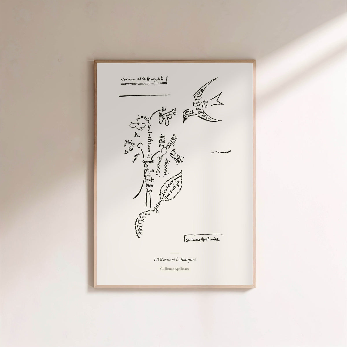 L'Oiseau et le Bouquet - Apollinaire - Affiche Calligramme, affiche encadrée sur un mur clair