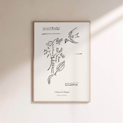 L'Oiseau et le Bouquet - Apollinaire - Affiche Calligramme, affiche encadrée sur un mur clair