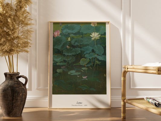 Lotus, Theodore Wores | Affiche Art Premium, affiche encadrée dans un intérieur élégant, cadre bois clair