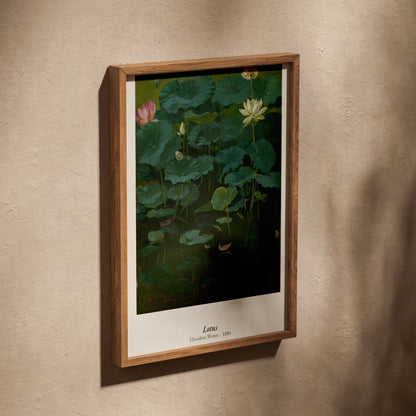 Lotus, Theodore Wores | Affiche Art Premium, affiche dans un cadre en chêne posé de biais sur un mur texturé