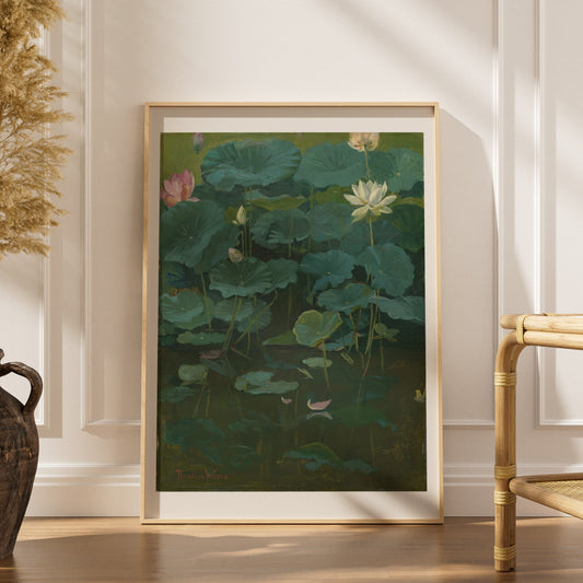 Lotus, Theodore Wores | Affiche Art Premium, affiche encadrée dans un intérieur élégant, herbes séchées et chaise en rotin