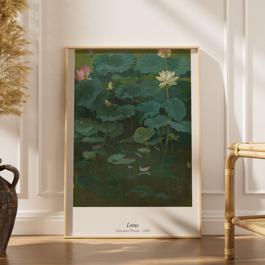 Lotus, Theodore Wores | Affiche Art Premium, affiche encadrée dans un intérieur élégant, herbes séchées et chaise en rotin