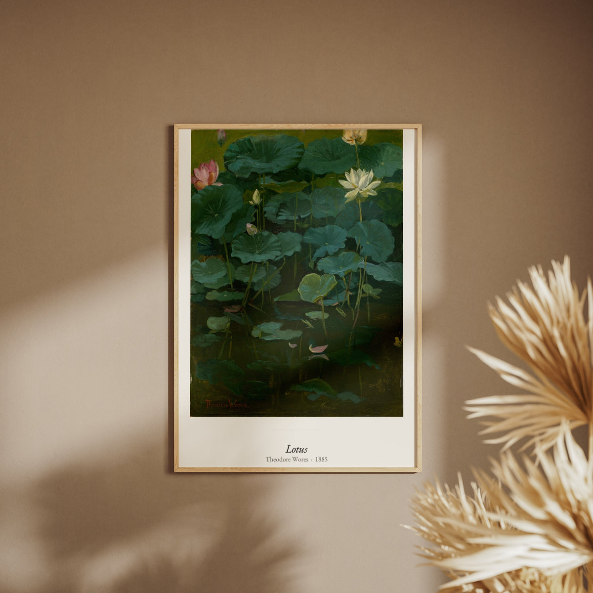 Lotus, Theodore Wores | Affiche Art Premium, affiche encadrée sur un mur beige, pampas au premier plan