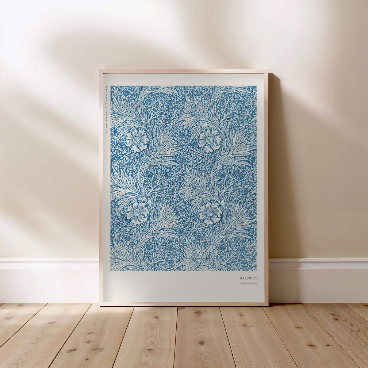 Marigold - William Morris - Arts & Crafts Poster, framed poster standing on the floor, light wood frame