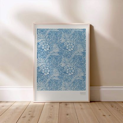 Marigold - William Morris - Arts & Crafts Poster, framed poster standing on the floor, light wood frame