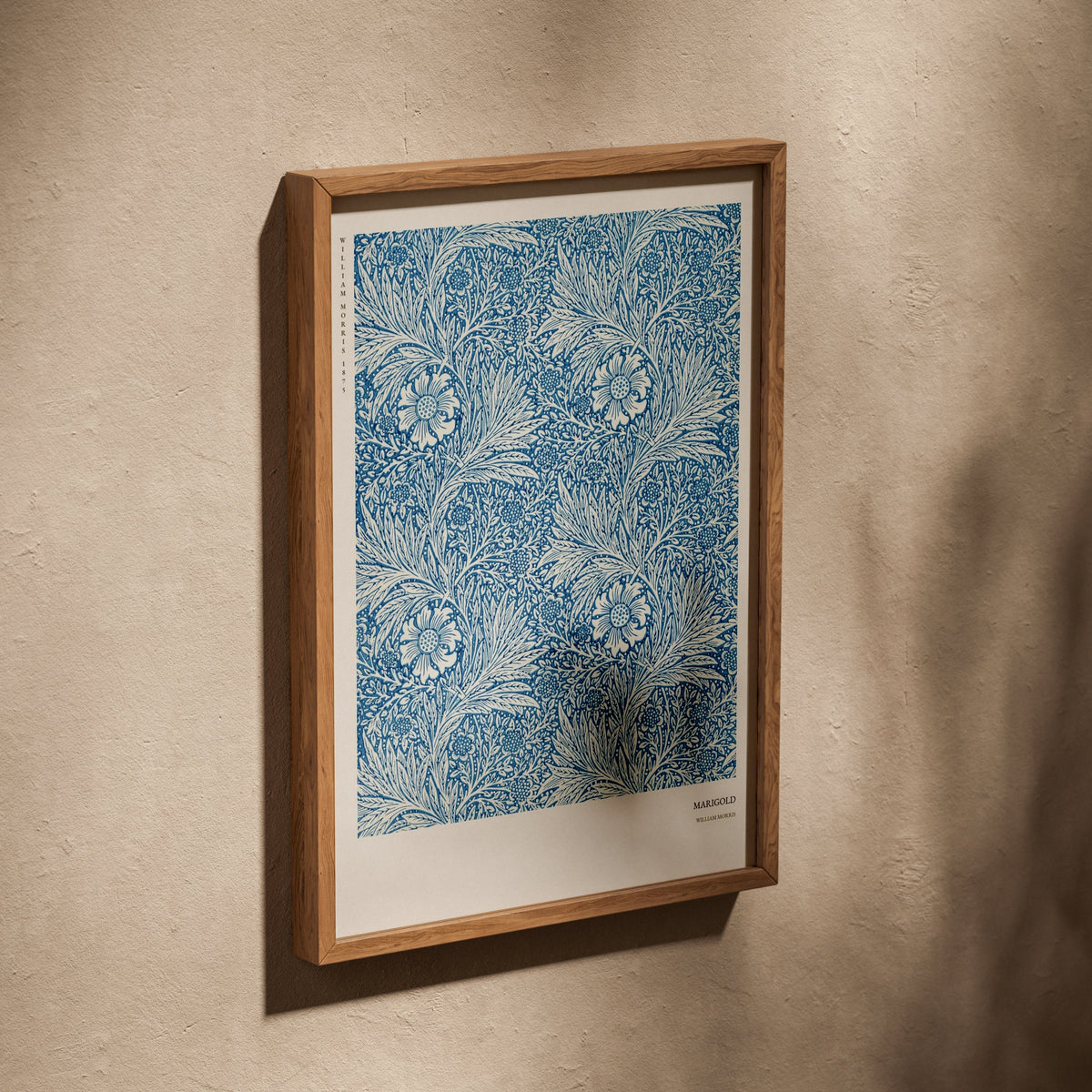 Marigold - William Morris - Arts & Crafts Poster, poster in an oak frame leaning on a textured wall