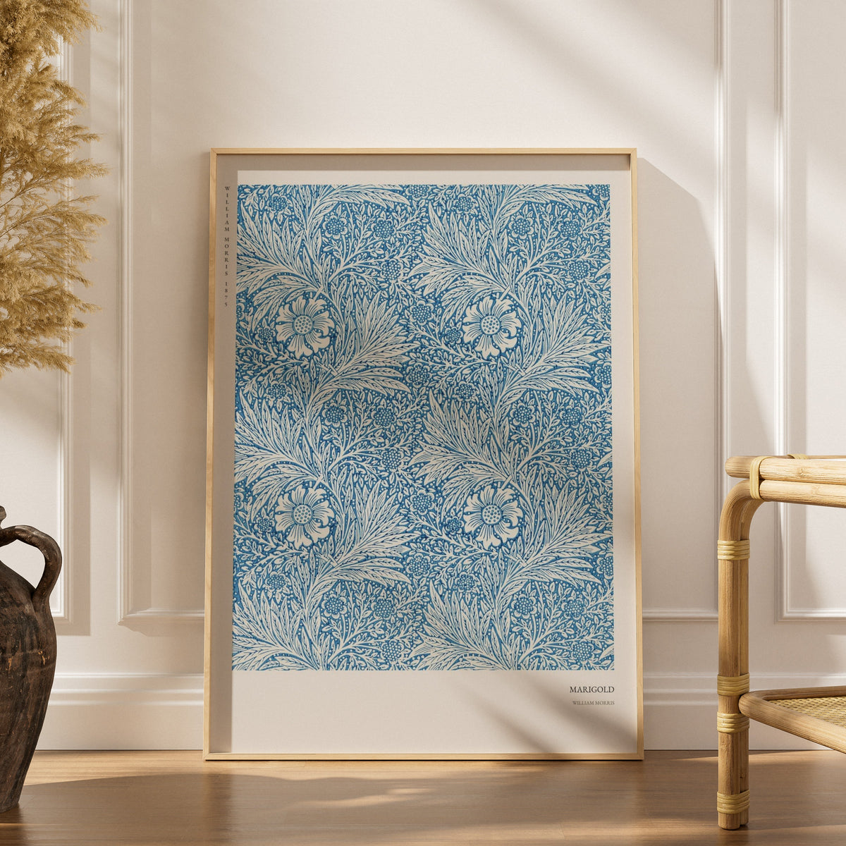 Marigold - William Morris - Arts & Crafts Poster, framed poster in an elegant interior, dried grasses and a rattan chair