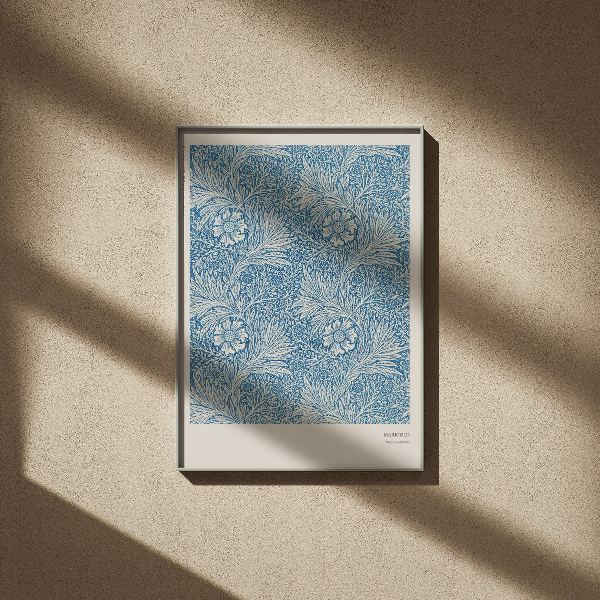 Marigold - William Morris - Arts & Crafts Poster, framed poster on a beige wall, window shadows