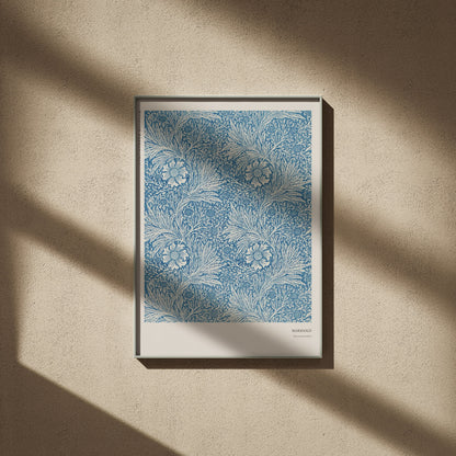 Marigold - William Morris - Arts & Crafts Poster, framed poster on a beige wall, window shadows