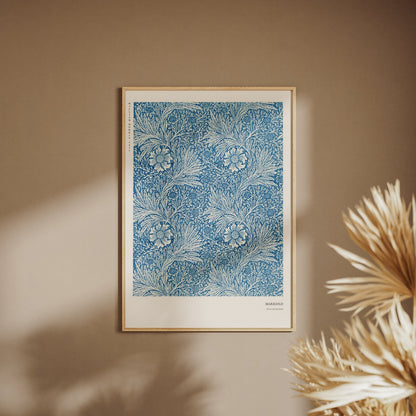 Marigold - William Morris - Arts & Crafts Poster, framed poster on a beige wall, pampas grass in the foreground