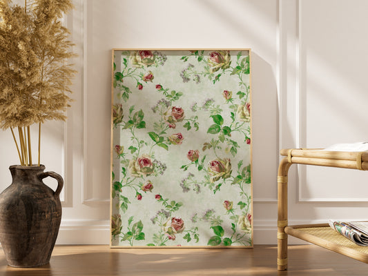 Motif de roses | Affiche Art Botanique Premium, affiche encadrée dans un intérieur élégant, cadre bois clair