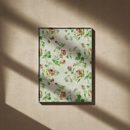 Motif de roses | Affiche Art Botanique Premium, affiche encadrée sur un mur beige, ombres de fenêtre
