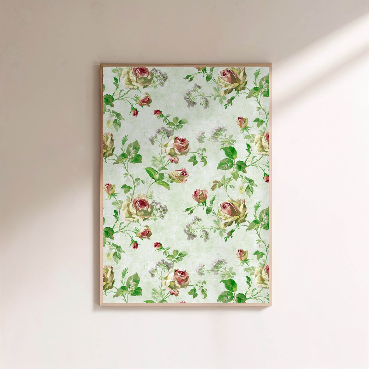 Motif de roses | Affiche Art Botanique Premium, affiche encadrée sur un mur clair