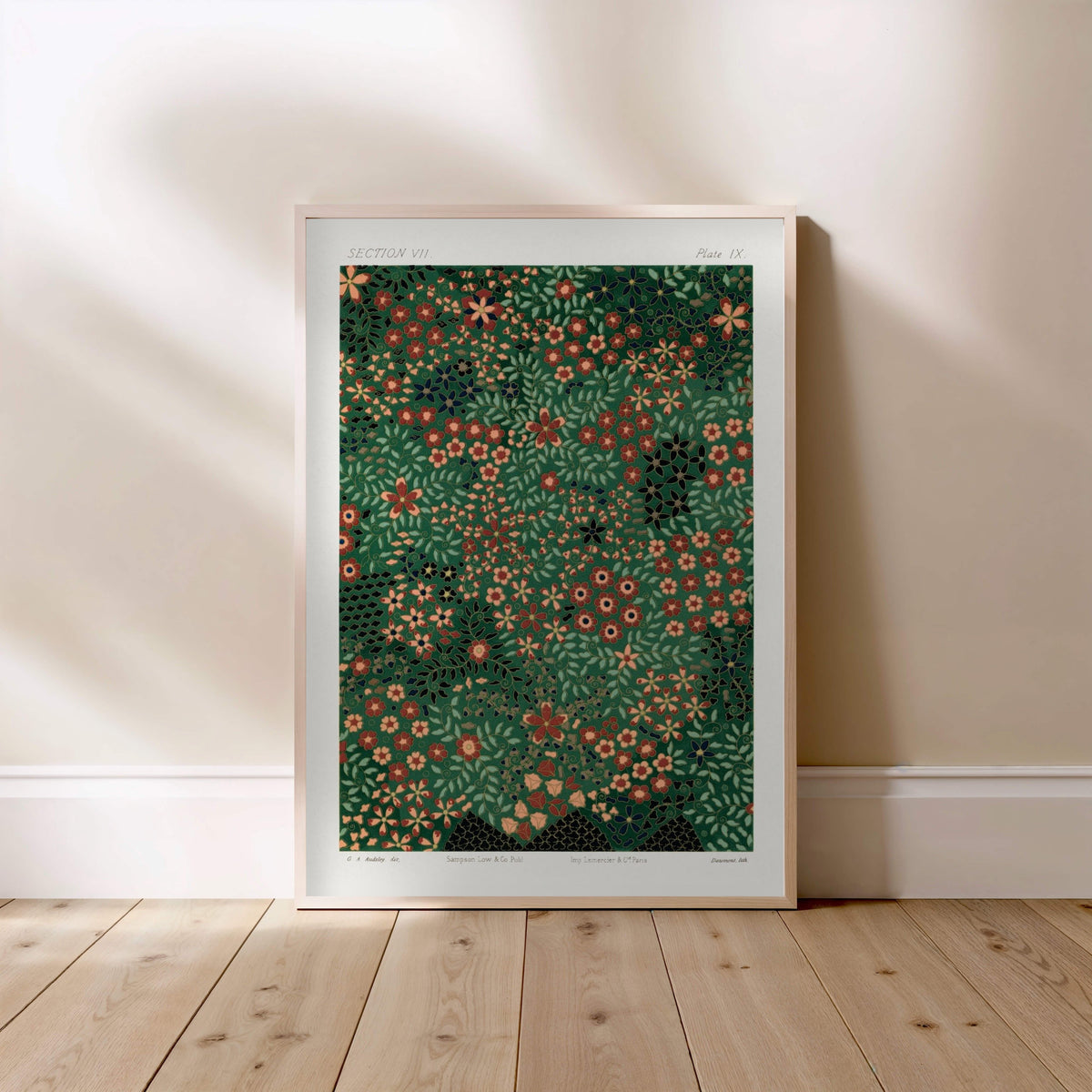 Japanese Floral Design Section VII - Floral Print, framed poster standing on the floor, light wood frame