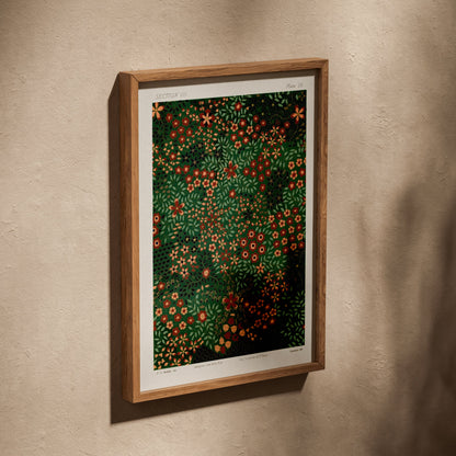Japanese Floral Design Section VII - Floral Print, poster in an oak frame leaning on a textured wall